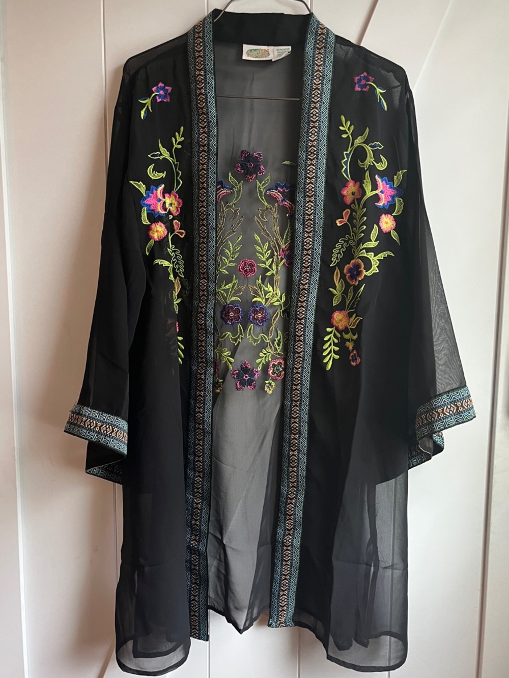 Vintage Black Sheer Embroidered Kimono Tunic with Multicolor Floral Detail